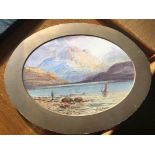 Antique watercolour painting of a beach or coastal scene with indistinct signature - possibly EM