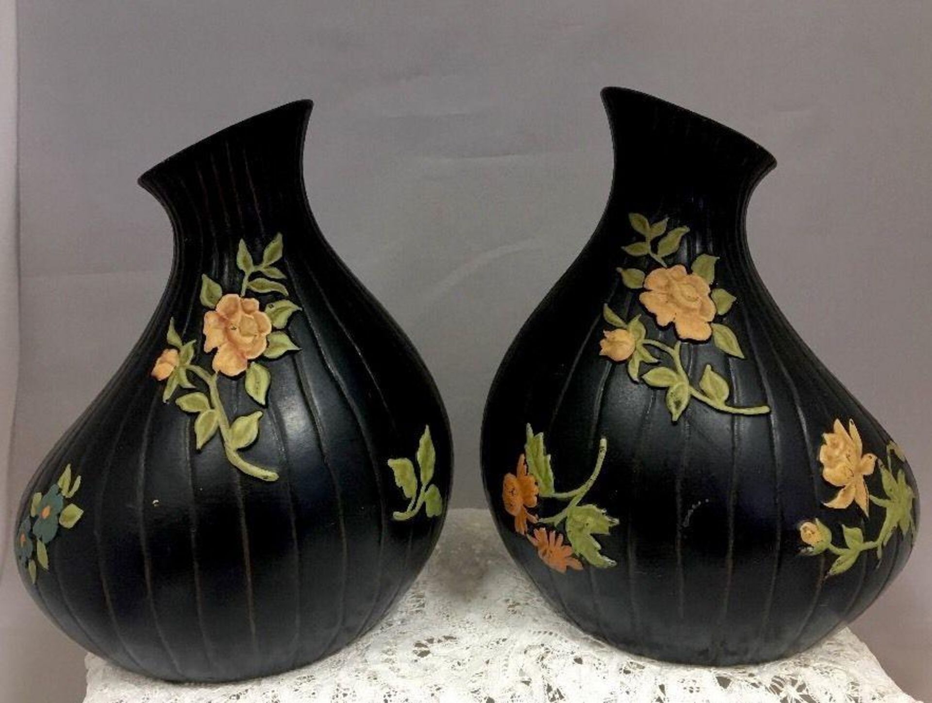 Art Deco pair of Brentleigh Ware vases, foliate on black ground. Good condition with no chips or