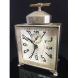 Early 20th Century Nickel Plated, Square Shaped Alarm Clock with Quirky Numerals Design. Painted