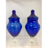 Pair of Antique Bristol Blue Glass Footed Hand Blown Lidded Jars. Both are in excellent condition
