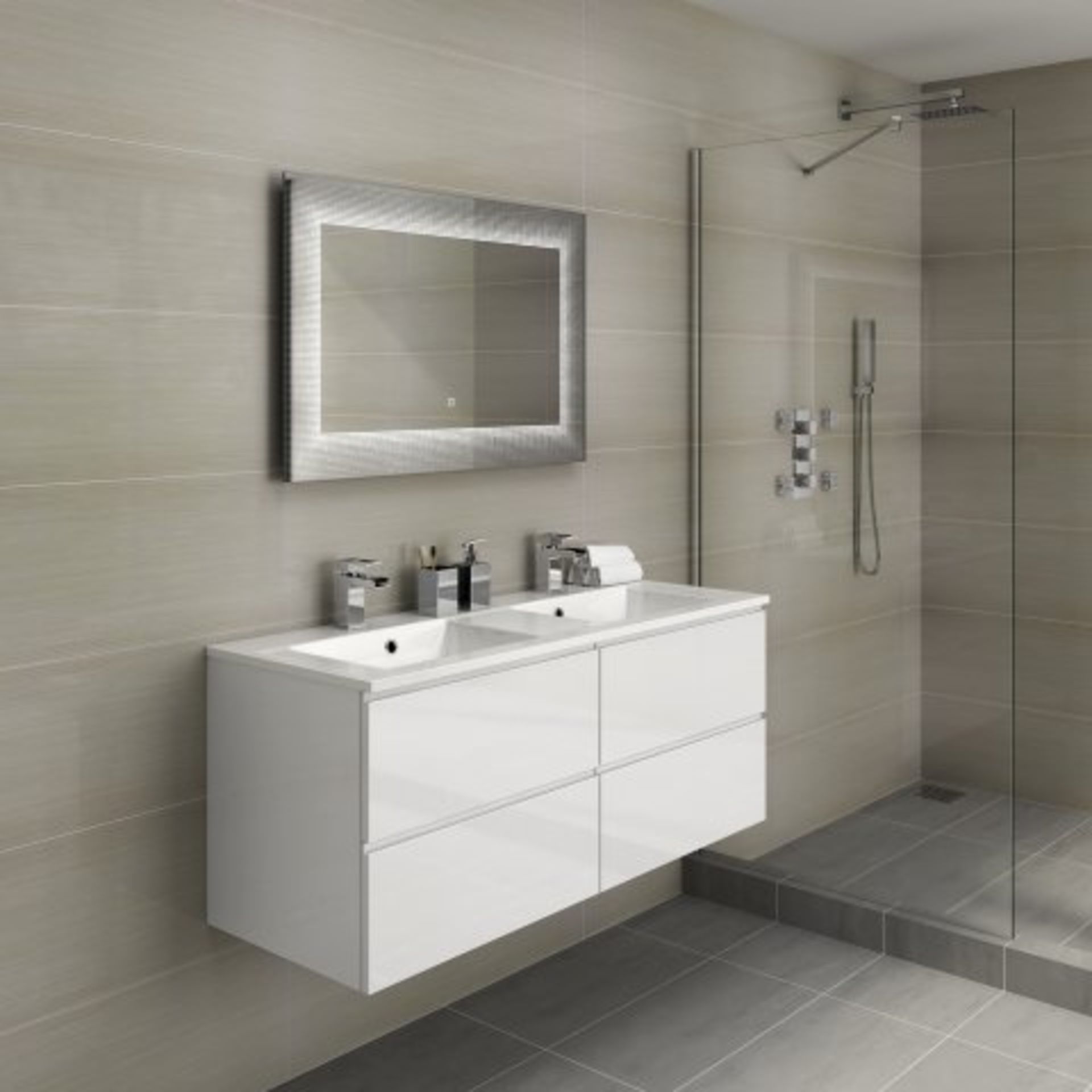 (I15) 1200mm Trevia High Gloss White Double Basin Cabinet - Wall Hung. RRP £999.99. Designer Look If - Image 3 of 5