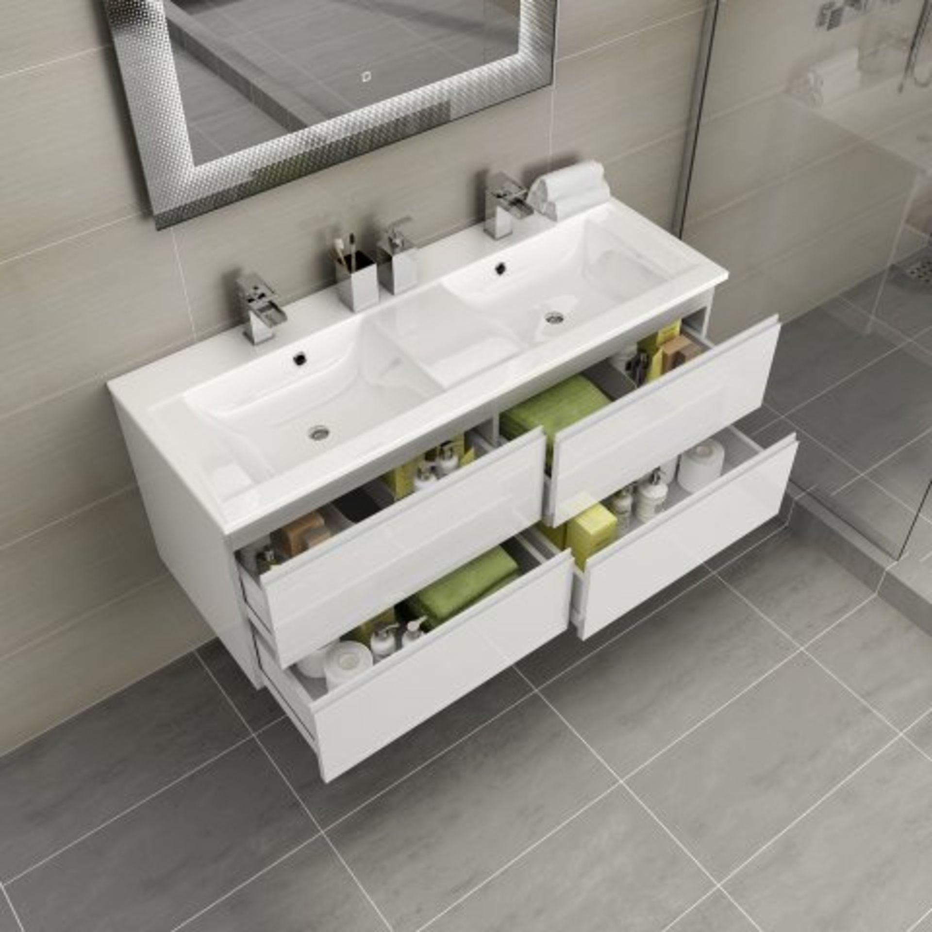 (I15) 1200mm Trevia High Gloss White Double Basin Cabinet - Wall Hung. RRP £999.99. Designer Look If - Image 2 of 5