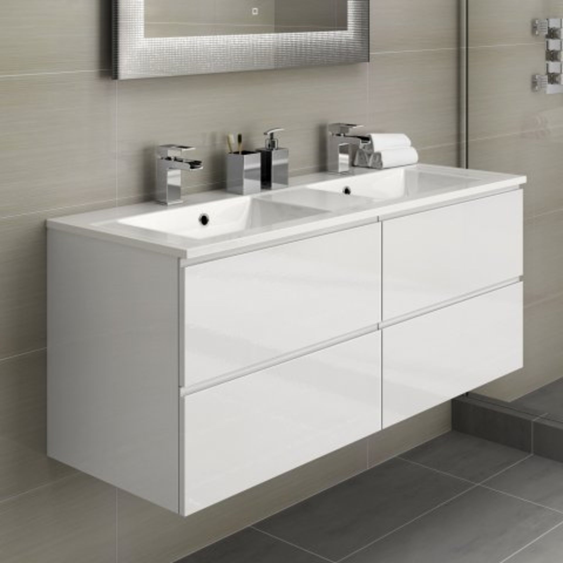 (I15) 1200mm Trevia High Gloss White Double Basin Cabinet - Wall Hung. RRP £999.99. Designer Look If