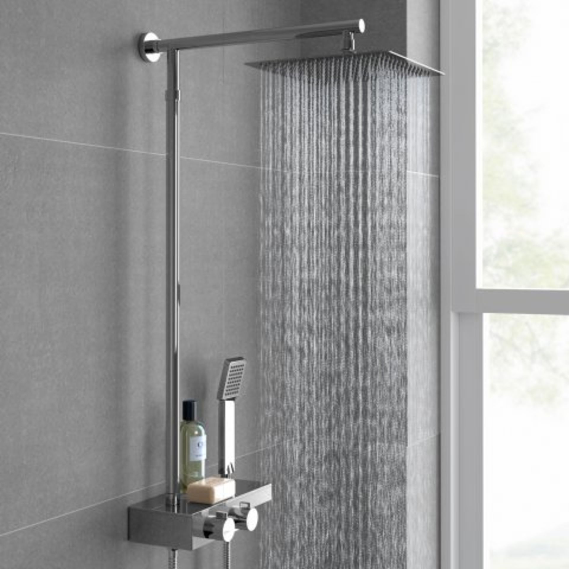 (N61) 250mm Large Square Head Thermostatic Exposed Shower Kit, Handheld & Storage Shelf. RRP £349.