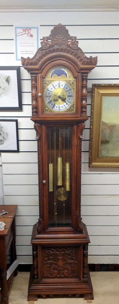 Long Case Grandfather With Moon Dial   Standing about 6ft 8 inches and running exceptionally well is