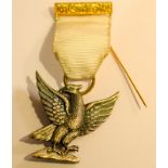 Masonic Medal Eagle On White Ribbon   Masonic medal featuring an eagle with outstretched wings below