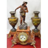 Antique Mantle Clock On Marble With Two Garnitures with French Movement And Sculpture By Alfred Jean