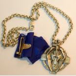 Masonic Silver Hall Stone jewel 1914-1918 On Silver Chain With Blue Ribbon   Masonic Silver Hall