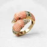 18k Yellow Gold Coral, Diamond & Emerald 'You & Me' Ring HOUSEHOLD NAME Van Cleef & Arpels MODEL 18k