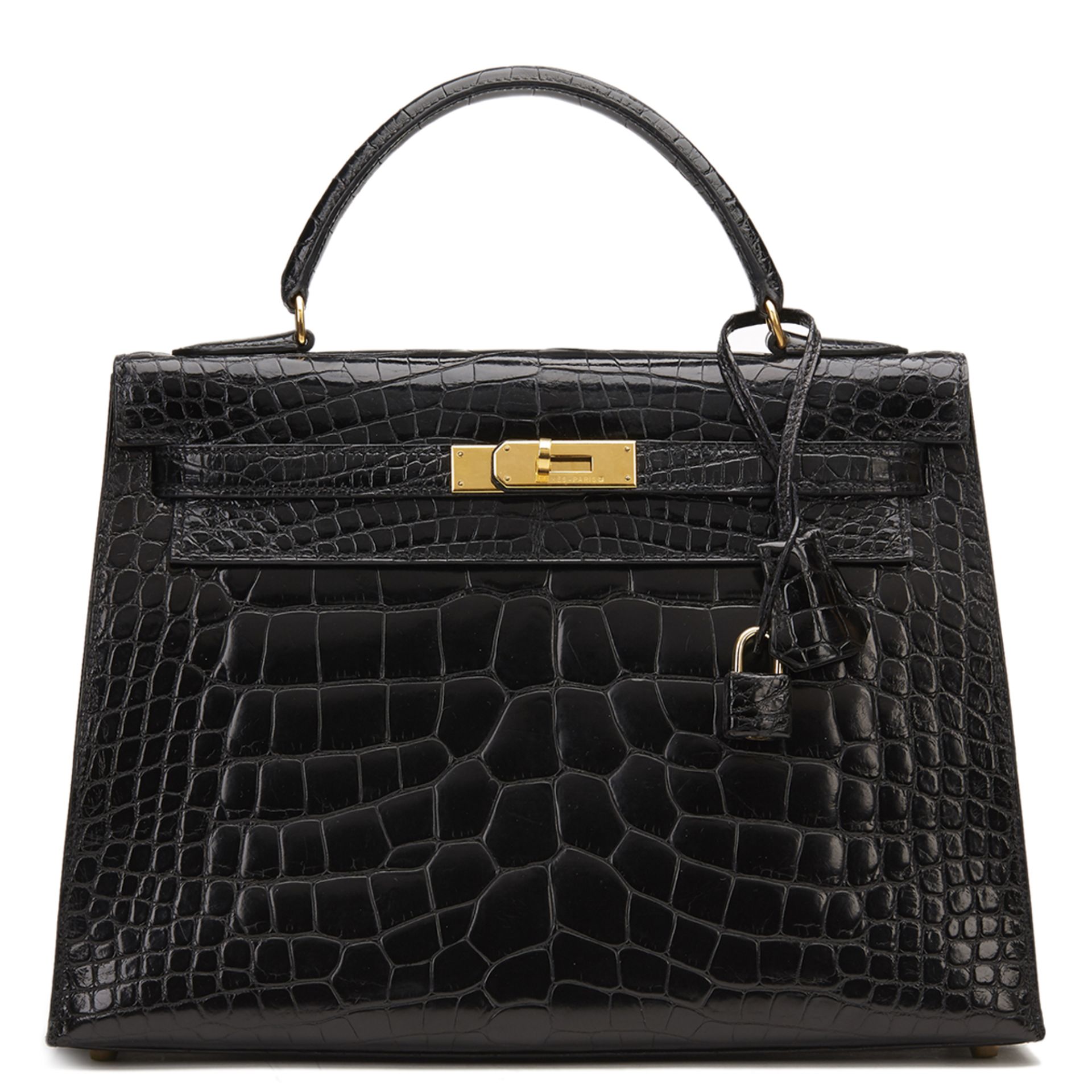 HERMES Kelly 32cm , - Black Shiny Alligator VIntage Kelly Sellier 32cm   TYPE Tote, Shoulder