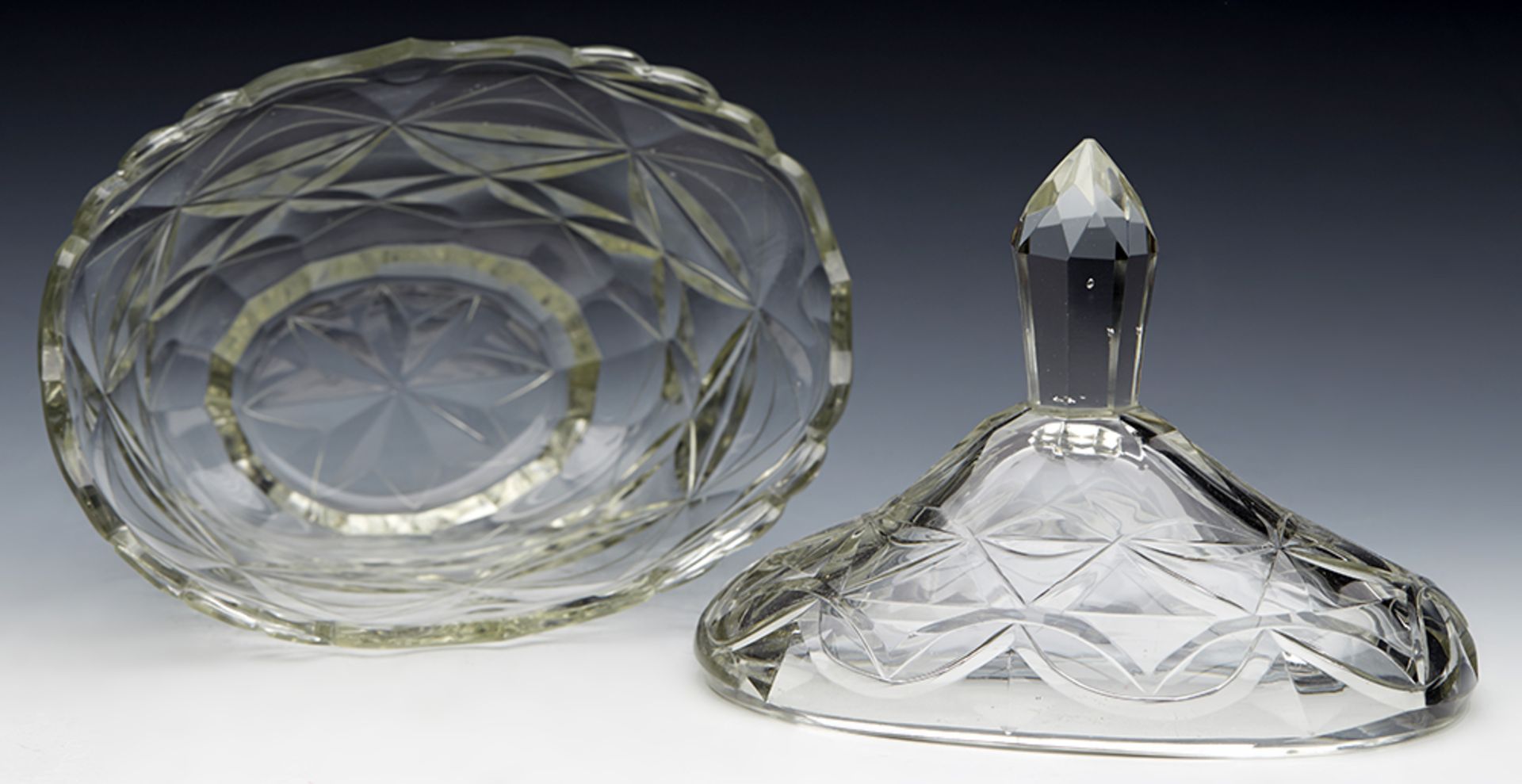 ANTIQUE CUT GLASS LIDDED BUTTER DISH AND STAND EARLY 19TH C.   DIMENSIONS   Height 19cm, Length 25, - Image 8 of 15