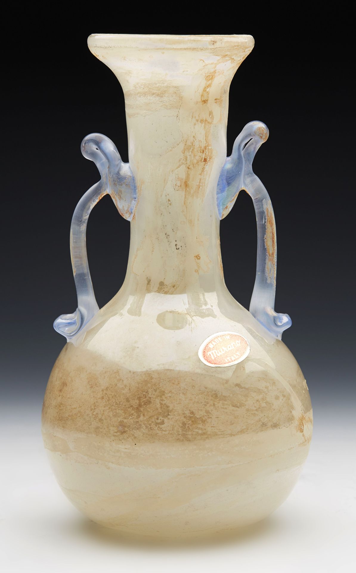 ITALIAN MURANO ROMAN REVIVAL TWIN HANDLE GLASS VASE c.1960   DIMENSIONS   Height 19.6cm, Diameter