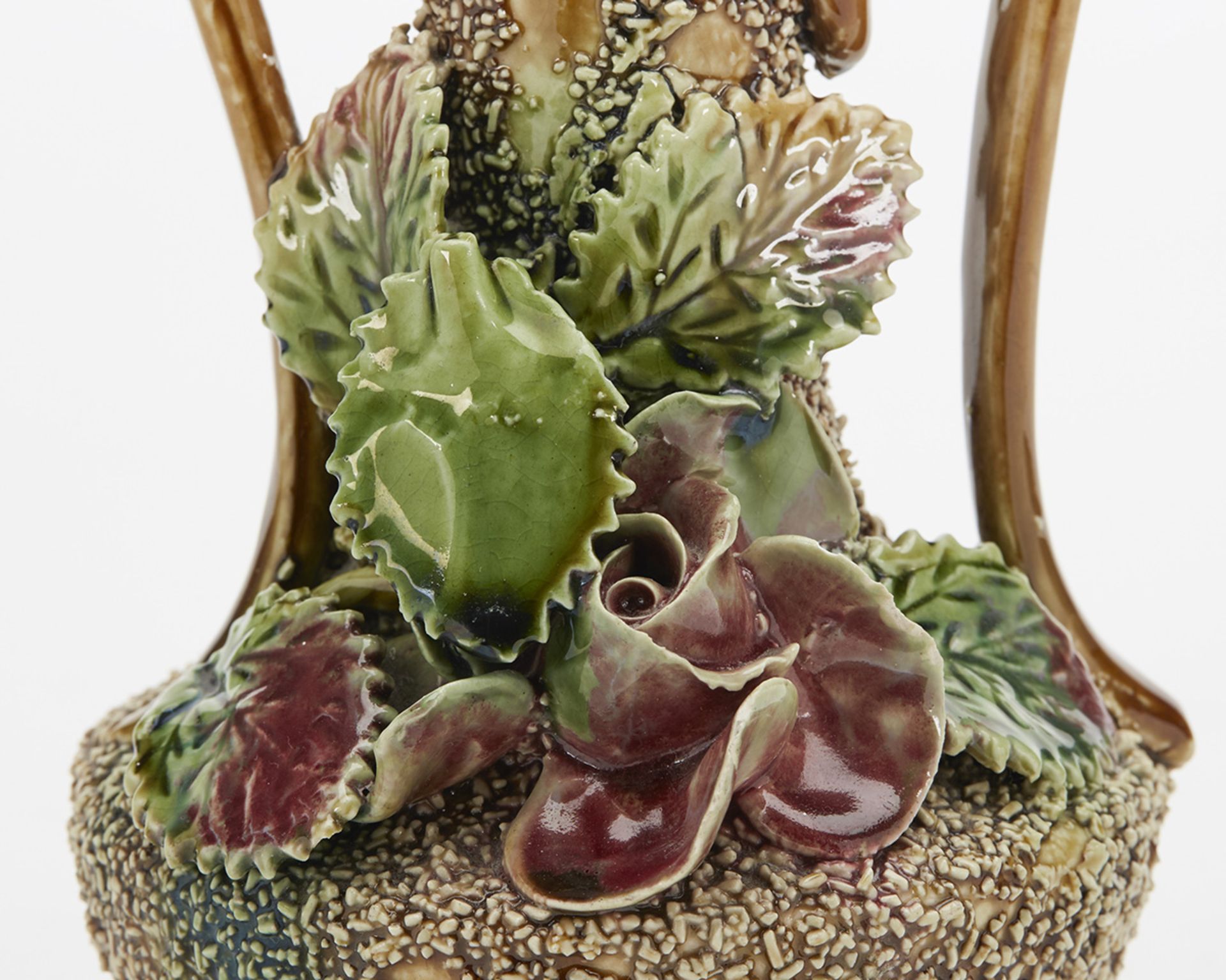 ANTIQUE MAJOLICA SALT GLAZED ROSE TWIN HANDLED VASE 19TH C.   DIMENSIONS   Height 21cm   CONDITION - Image 4 of 9