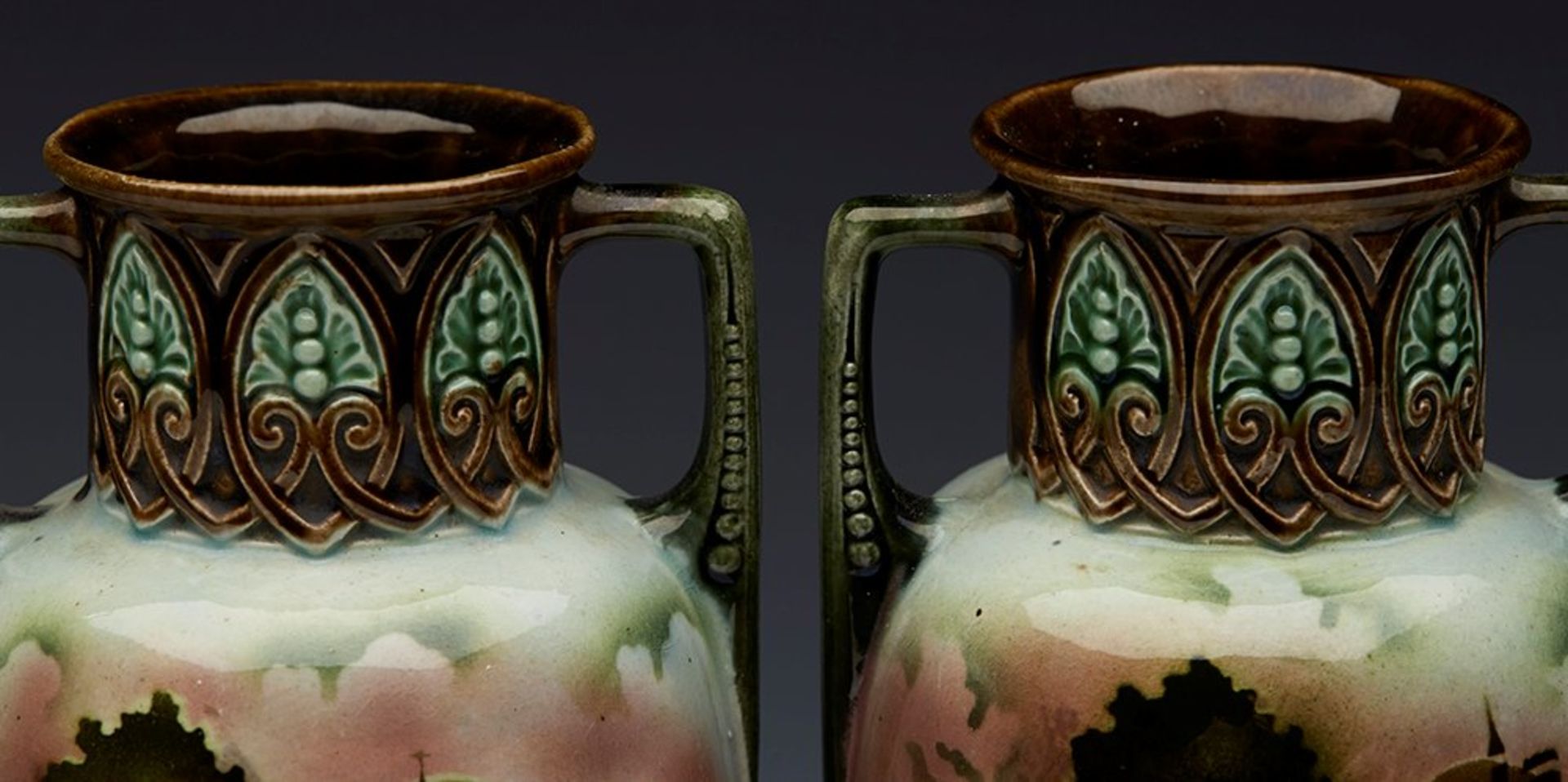 PAIR ANTIQUE CONTINENTAL MAJOLICA LANDSCAPE PAINTED VASES 19TH C.   DIMENSIONS   Height 17,5cm, - Image 5 of 9