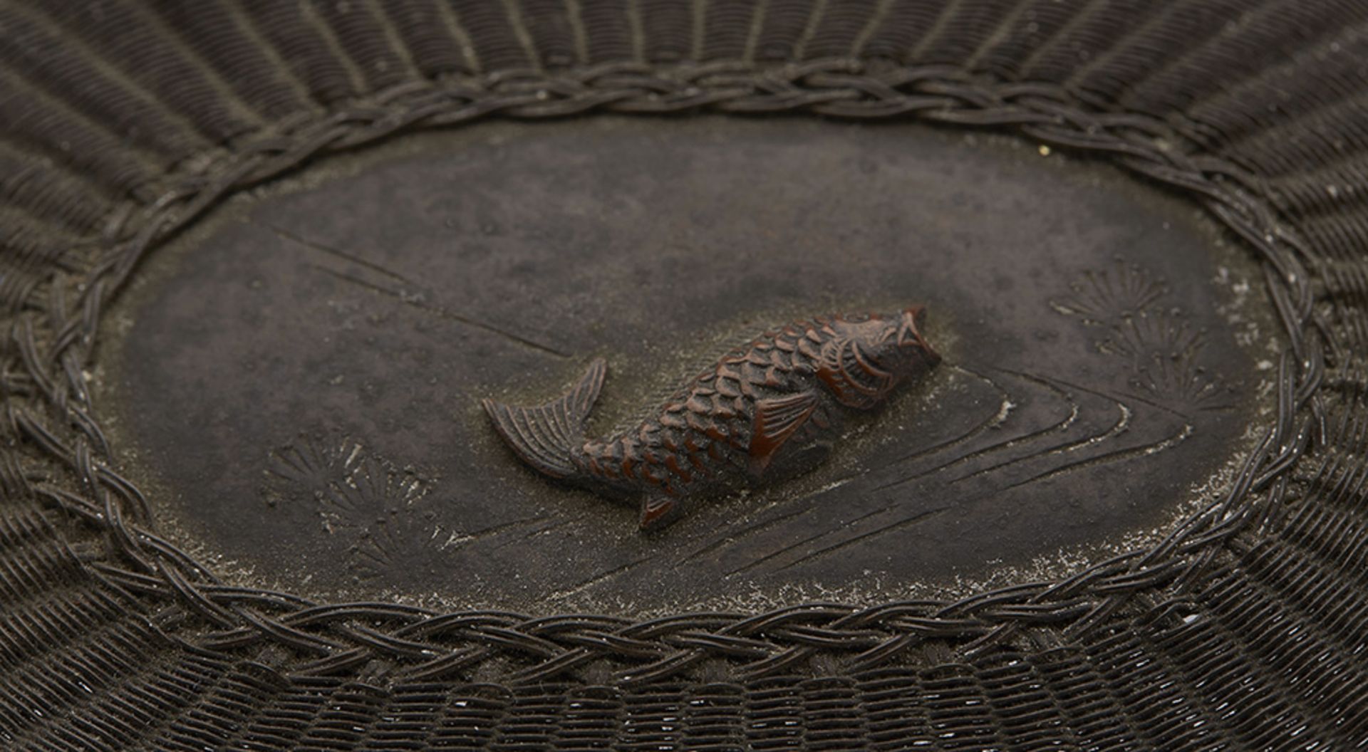 ANTIQUE JAPANESE IKEBANA SIMULATED WICKER METAL TWIN HANDLED BASKET 19TH C.   DIMENSIONS   Height - Image 5 of 8