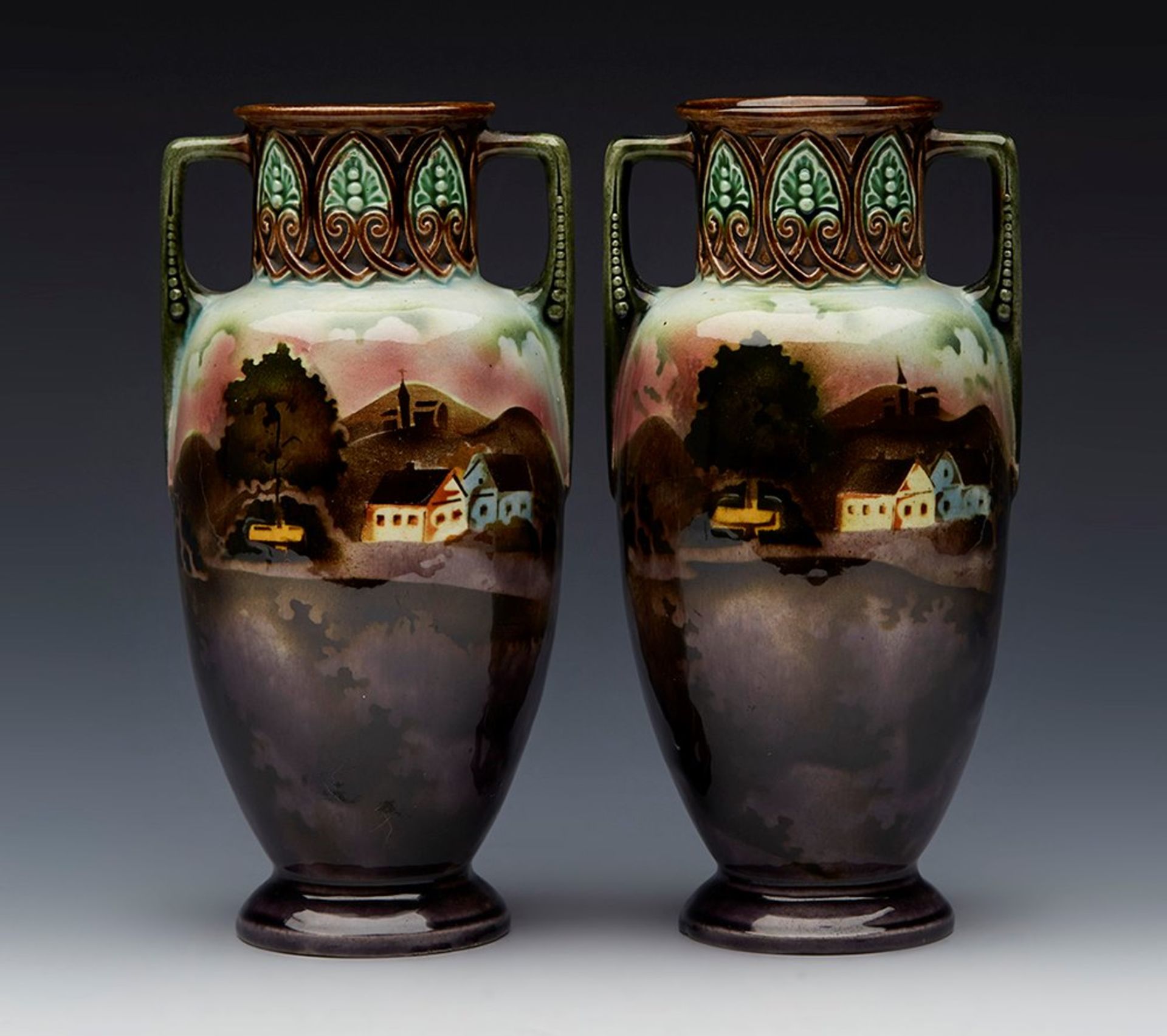 PAIR ANTIQUE CONTINENTAL MAJOLICA LANDSCAPE PAINTED VASES 19TH C.   DIMENSIONS   Height 17,5cm,