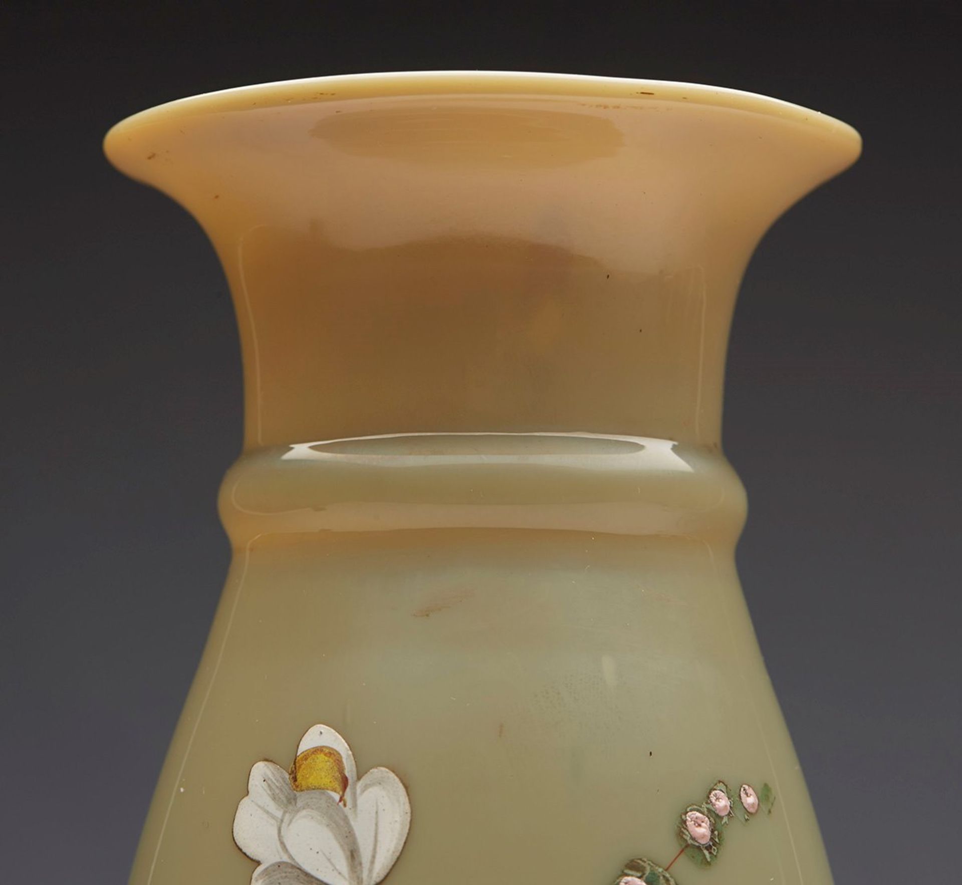 ANTIQUE VICTORIAN FLORAL ENAMEL PAINTED GLASS VASE 19TH C.   DIMENSIONS   Height 23cm, Diameter 8, - Image 3 of 6