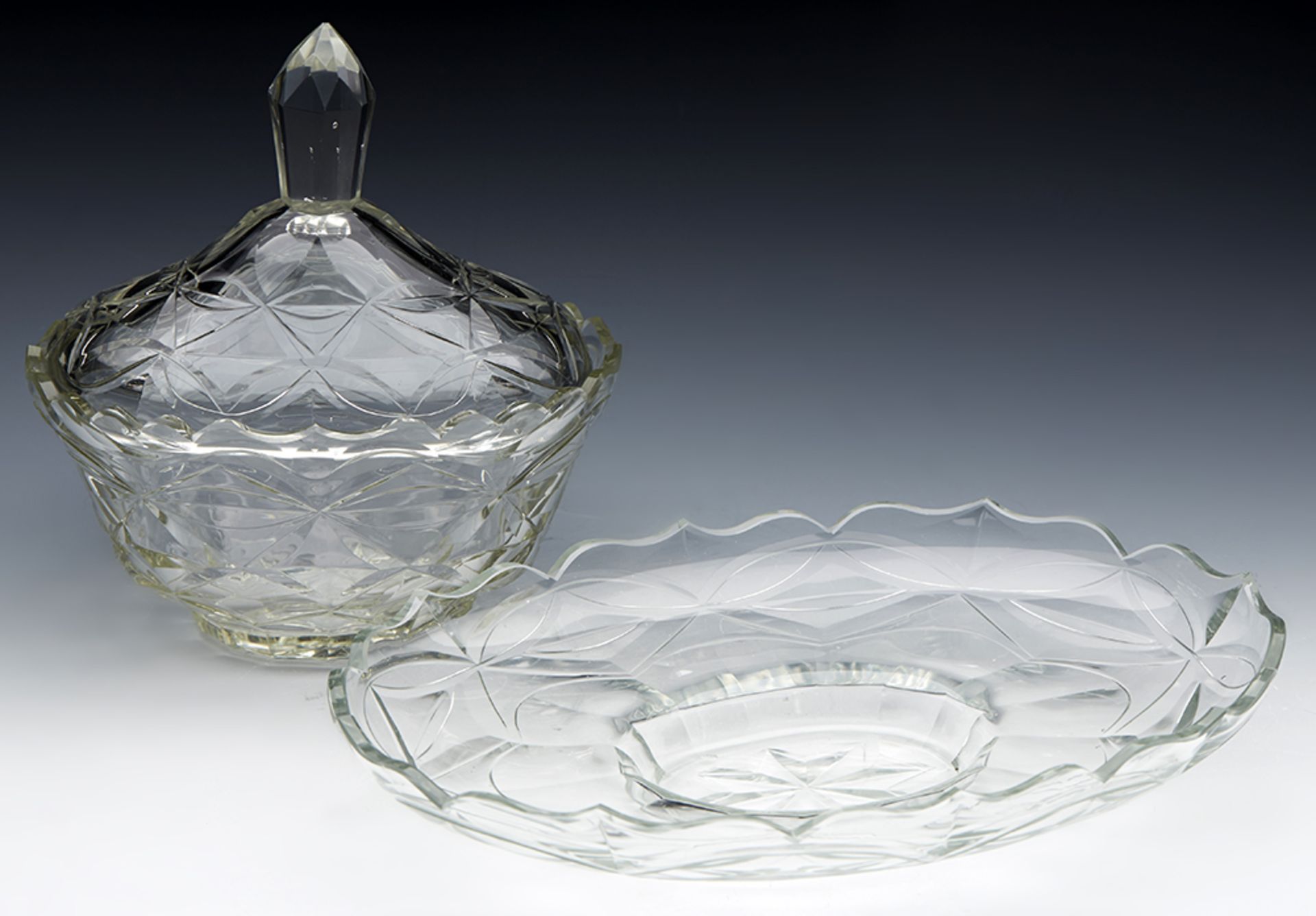 ANTIQUE CUT GLASS LIDDED BUTTER DISH AND STAND EARLY 19TH C.   DIMENSIONS   Height 19cm, Length 25, - Image 4 of 15