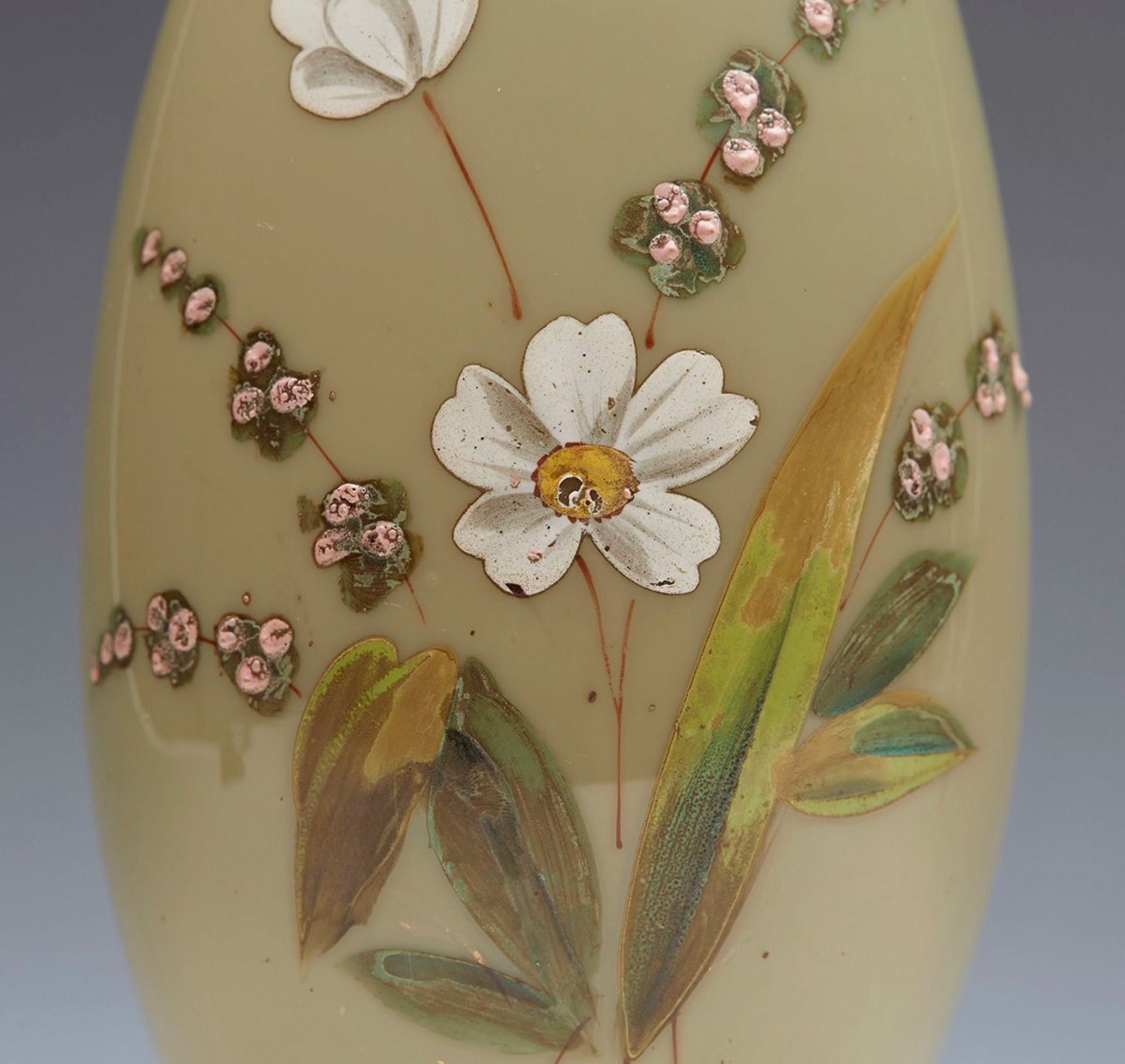 ANTIQUE VICTORIAN FLORAL ENAMEL PAINTED GLASS VASE 19TH C.   DIMENSIONS   Height 23cm, Diameter 8, - Image 2 of 6
