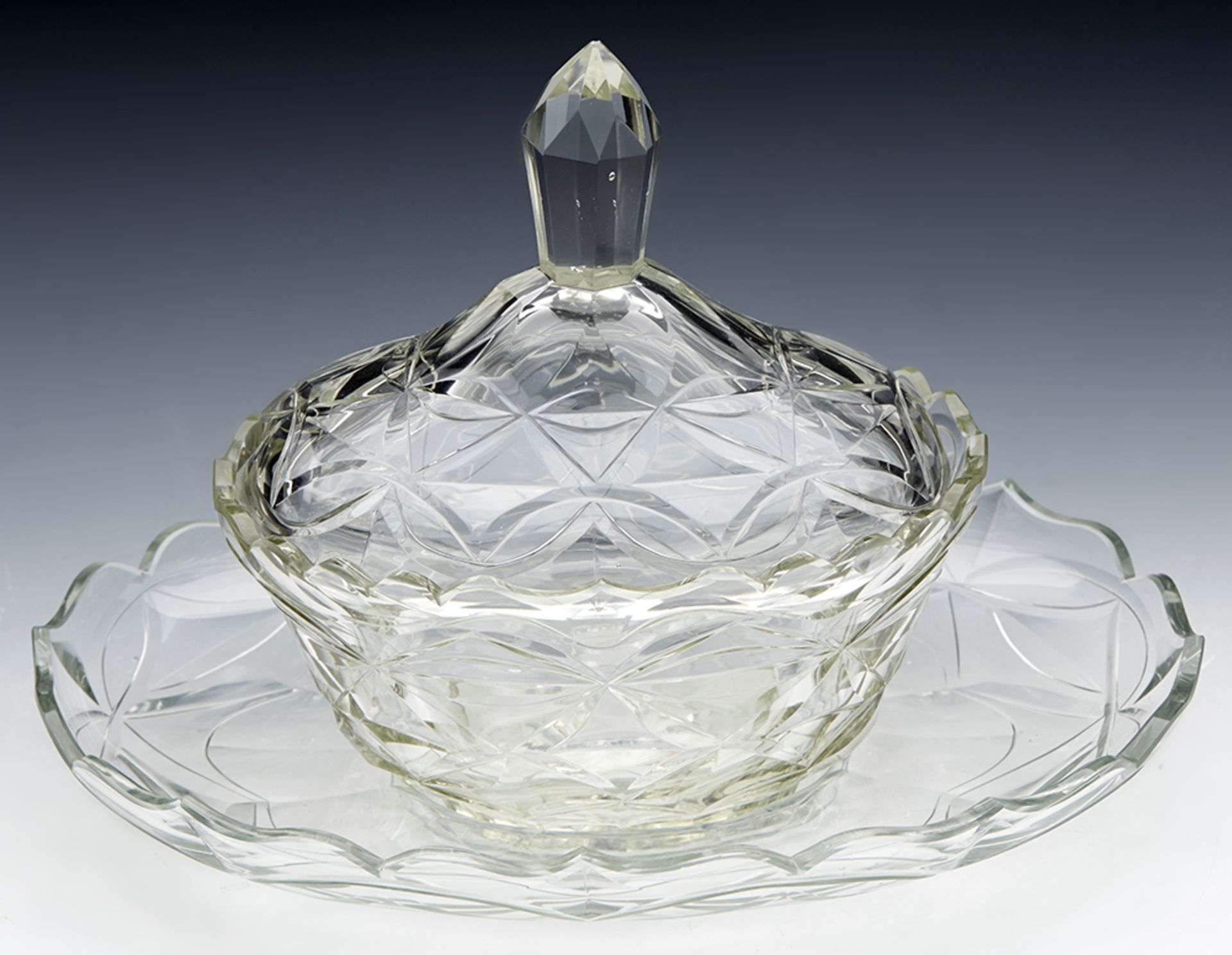 ANTIQUE CUT GLASS LIDDED BUTTER DISH AND STAND EARLY 19TH C.   DIMENSIONS   Height 19cm, Length 25,