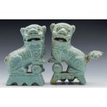 PAIR ANTIQUE CHINESE ROBINS EGG GLAZED TEMPLE DOGS ON STANDS 19TH C.   DIMENSIONS   Height 10cm,