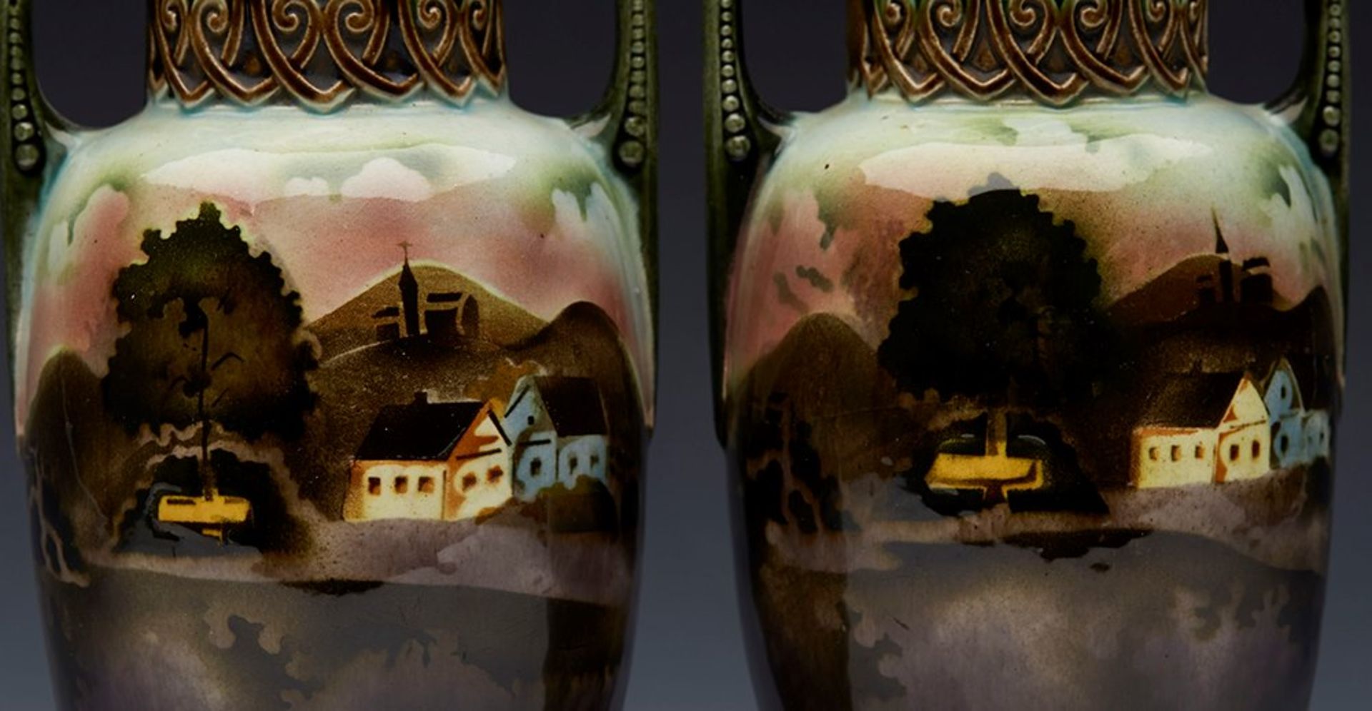 PAIR ANTIQUE CONTINENTAL MAJOLICA LANDSCAPE PAINTED VASES 19TH C.   DIMENSIONS   Height 17,5cm, - Image 3 of 9
