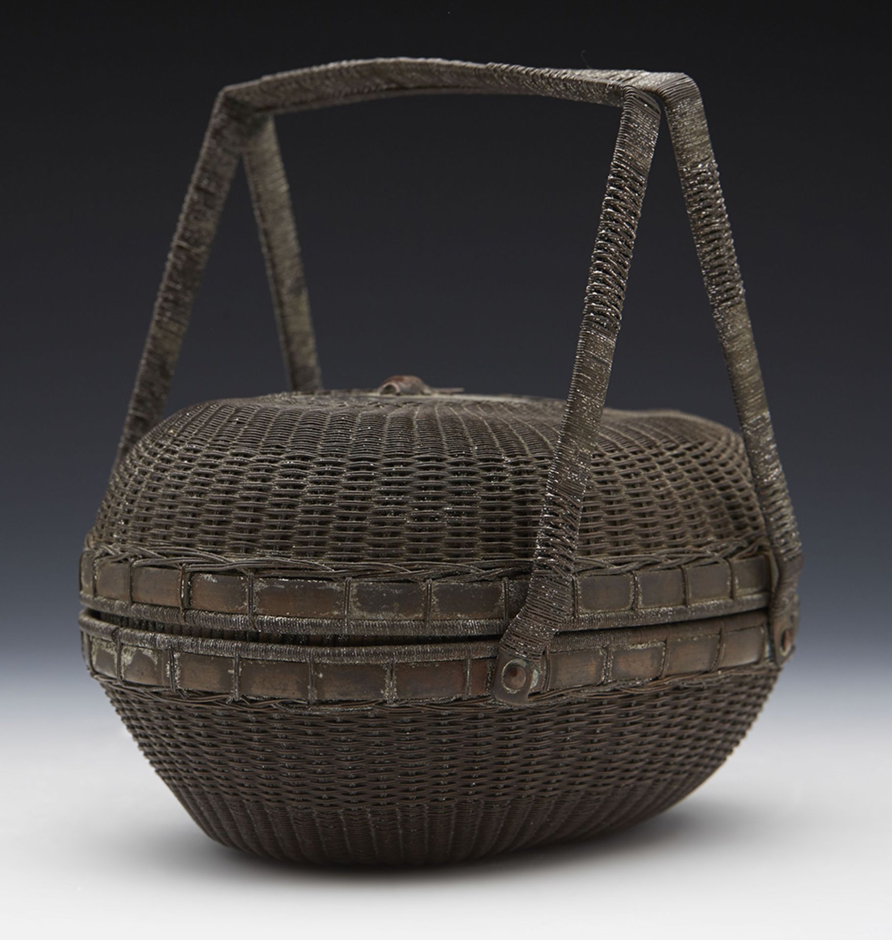 ANTIQUE JAPANESE IKEBANA SIMULATED WICKER METAL TWIN HANDLED BASKET 19TH C.   DIMENSIONS   Height - Image 3 of 8