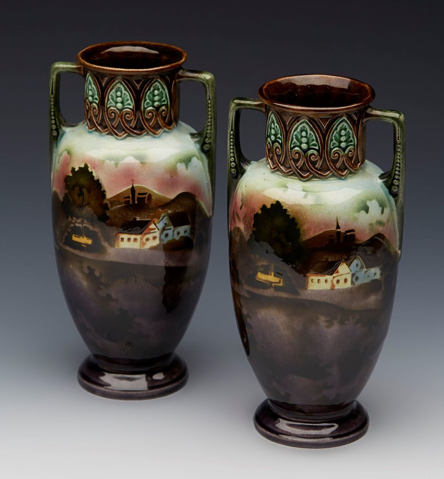 PAIR ANTIQUE CONTINENTAL MAJOLICA LANDSCAPE PAINTED VASES 19TH C.   DIMENSIONS   Height 17,5cm, - Image 9 of 9