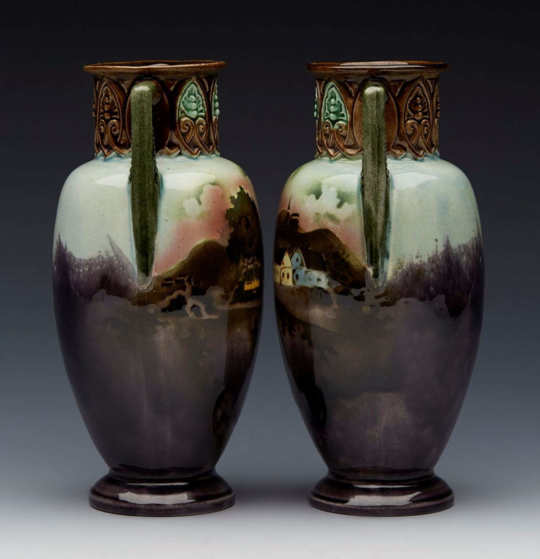PAIR ANTIQUE CONTINENTAL MAJOLICA LANDSCAPE PAINTED VASES 19TH C.   DIMENSIONS   Height 17,5cm, - Image 8 of 9