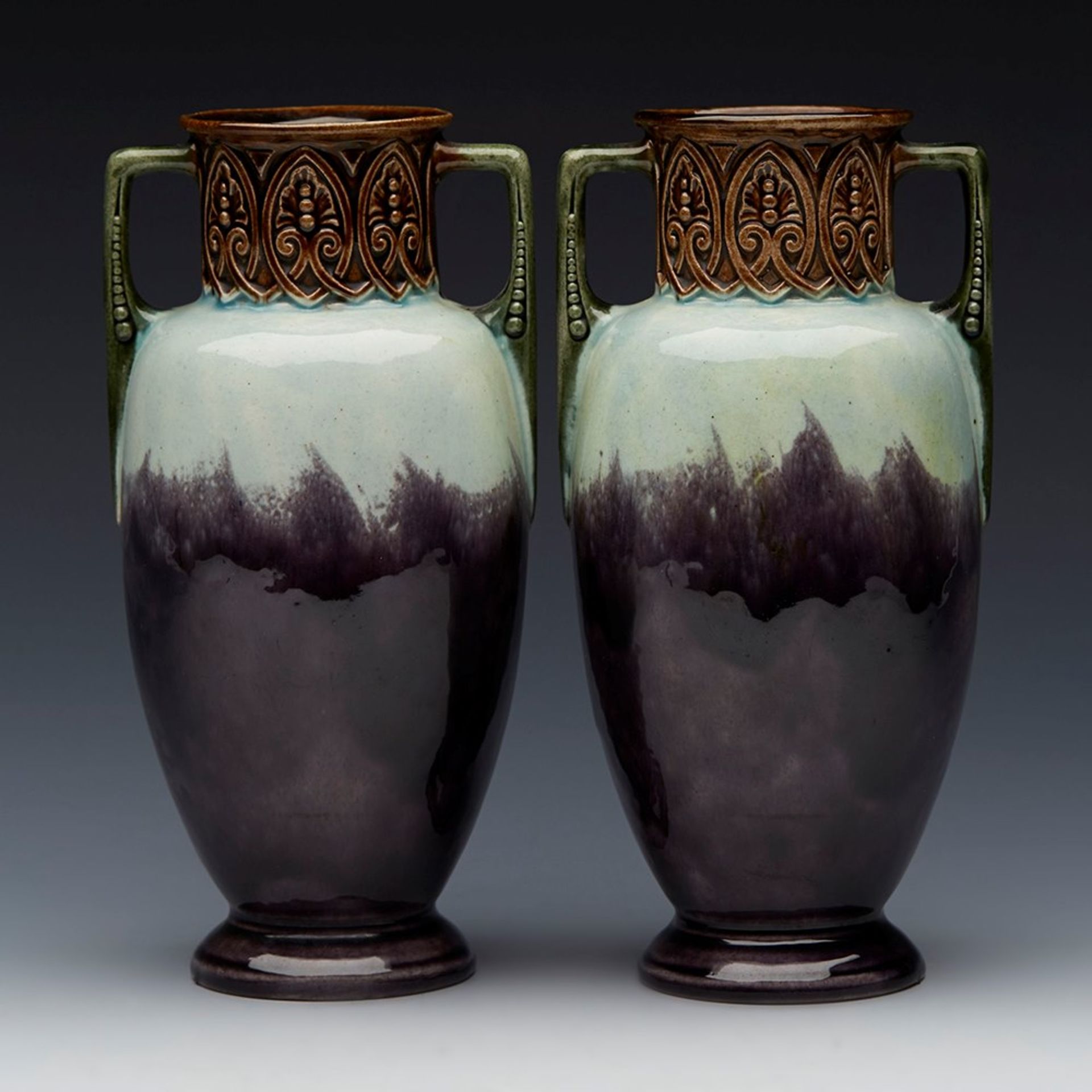 PAIR ANTIQUE CONTINENTAL MAJOLICA LANDSCAPE PAINTED VASES 19TH C.   DIMENSIONS   Height 17,5cm, - Image 4 of 9