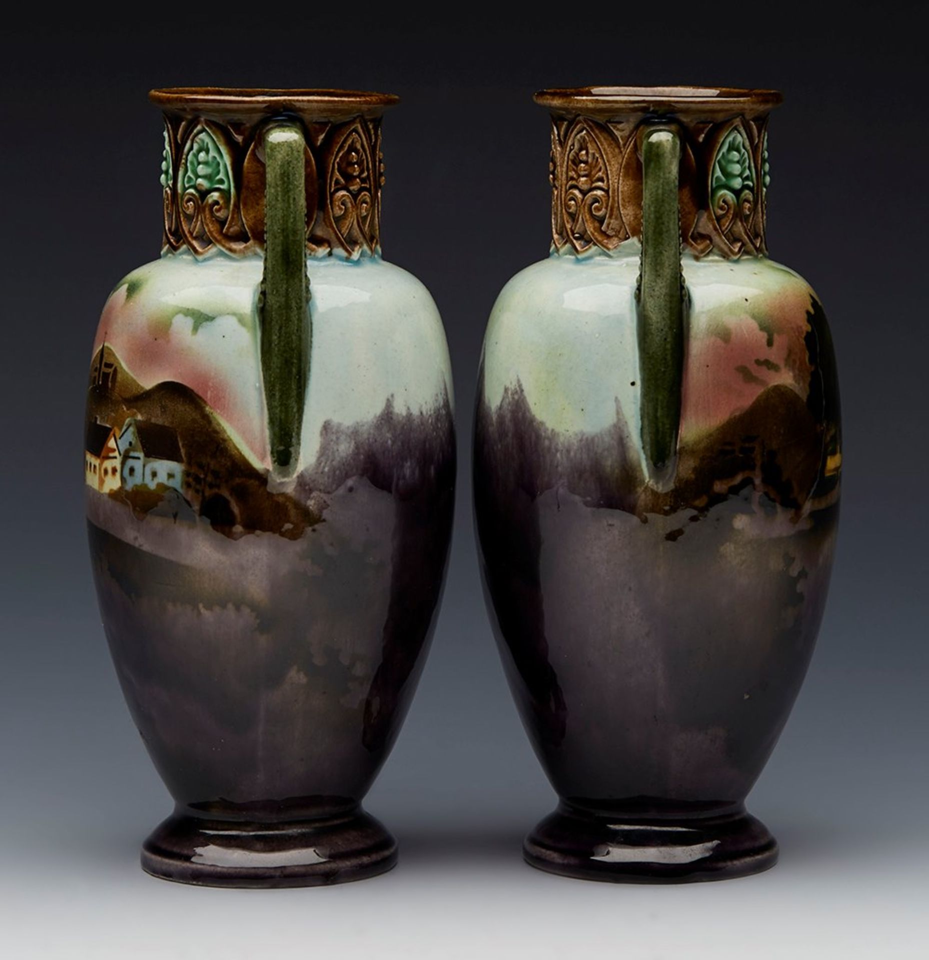 PAIR ANTIQUE CONTINENTAL MAJOLICA LANDSCAPE PAINTED VASES 19TH C.   DIMENSIONS   Height 17,5cm, - Image 2 of 9