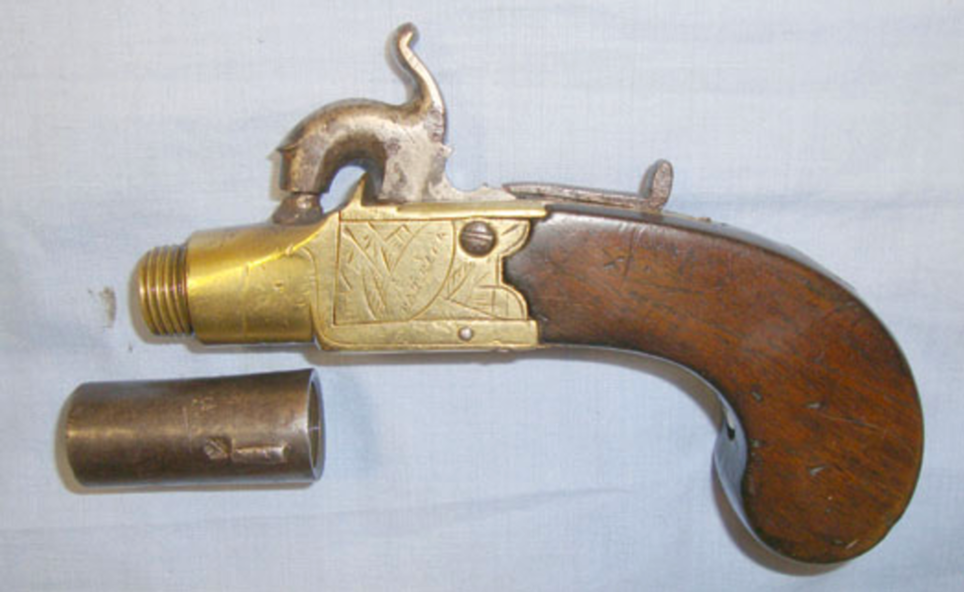 1795-1832 English, .44" Bore, Brass Framed Percussion Pocket Pistol With Screw Off Barrel By Patrick - Image 3 of 3
