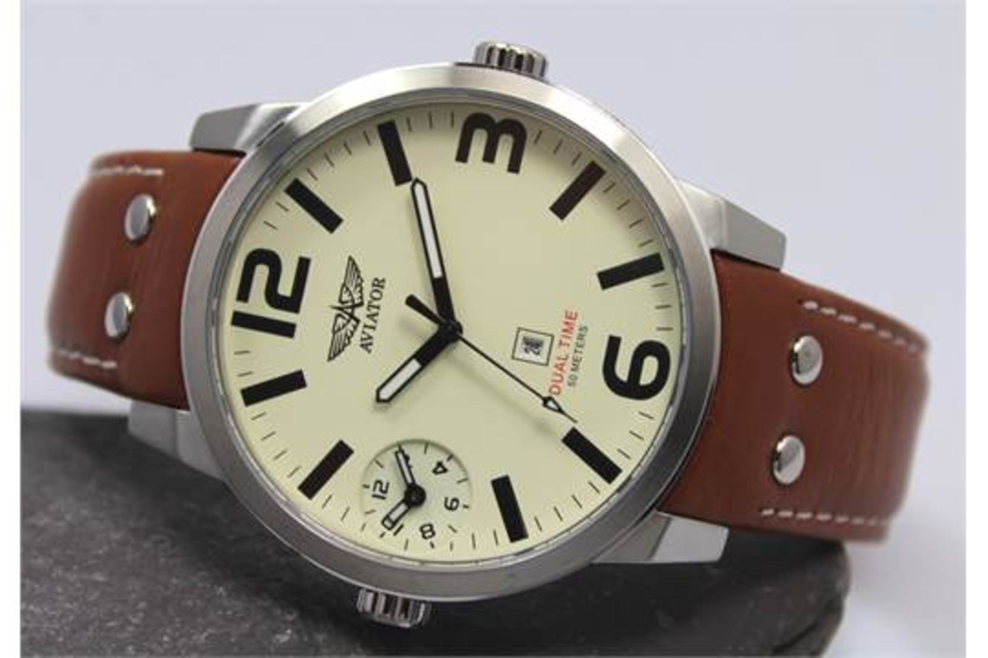 Aviator Men's Stainless Steel Dual Time Watch With Brown Leather Strap - Brand New In Aviator Gift