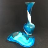 Two pieces of matching blue studio glass, both in good condition. The vase standing at approx 20cm