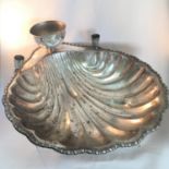Antique silver plate Church baptismal font in the form of a shell, with attached candle holders