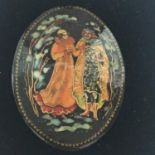 VINTAGE RUSSIAN LACQUER PALEKH FAIRYTALE BROOCH. Signed by the artist N. Serebriakova. Includes free