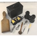 Parcel of Vintage Camera, Binoculras, Butter Pats Whistles & Button Hooks No Reserve