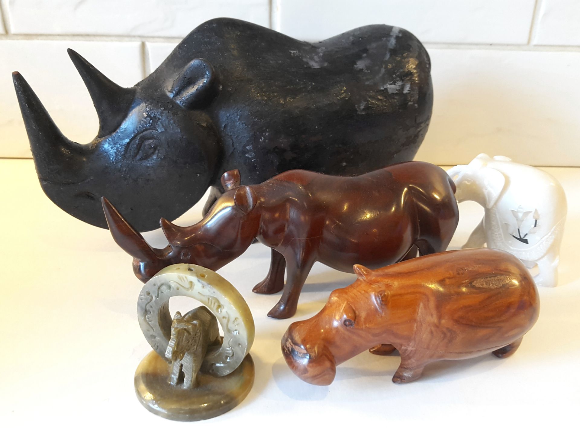 Collection of 5 Vintage & Retro Wood & Stone African Aimals, Hippopotamus, Elephant, Rhinoceros