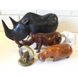 Collection of 5 Vintage & Retro Wood & Stone African Aimals, Hippopotamus, Elephant, Rhinoceros