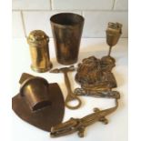 Seven Vintage Brass Items Includes Pounce Pot, Table Lighter & Possible Trench Art