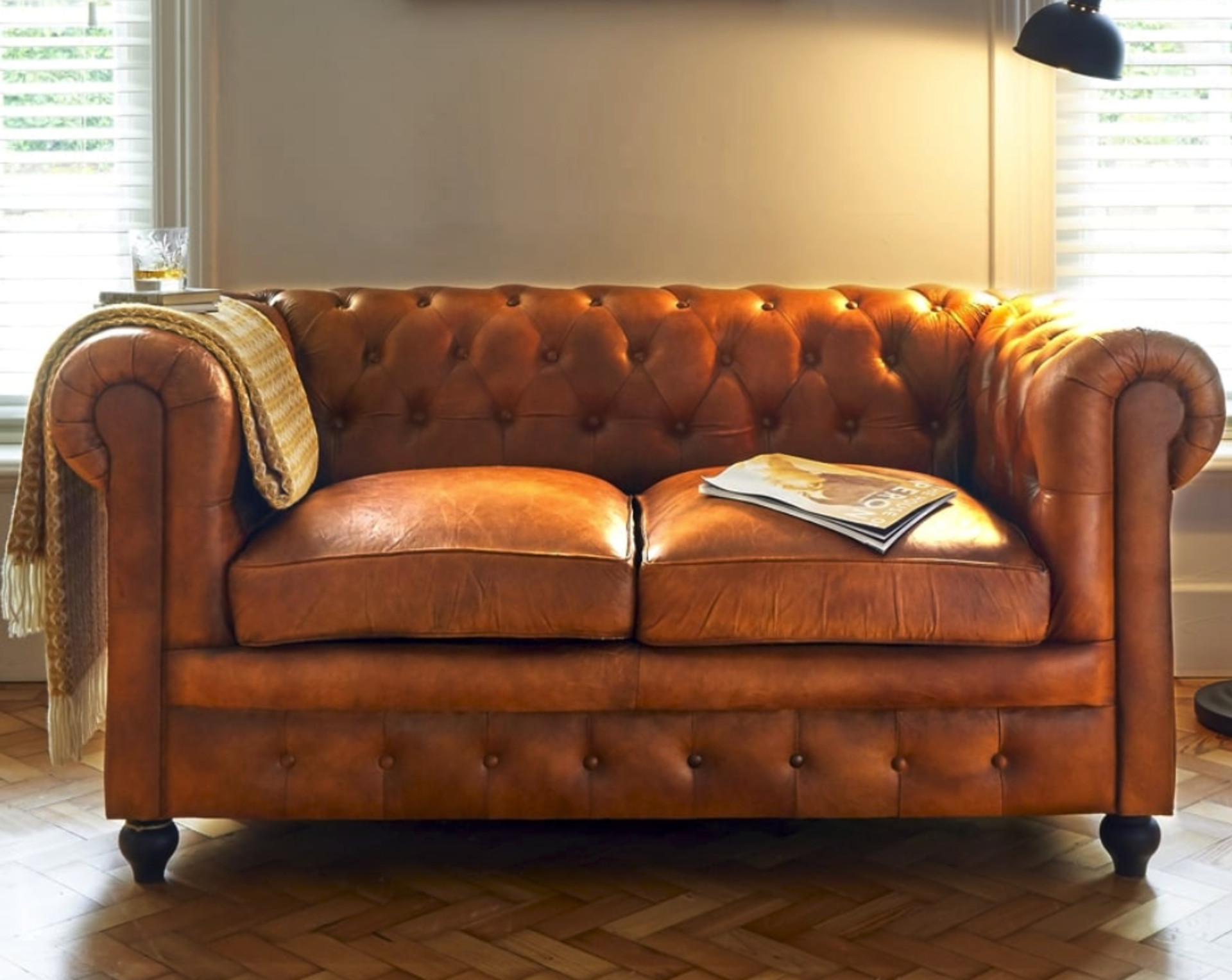 Shoreditch Leather Chesterfield 2-Seater Sofa Antique Tan