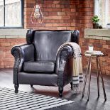 Leather Wingback Armchair With Scroll Arms In Tan