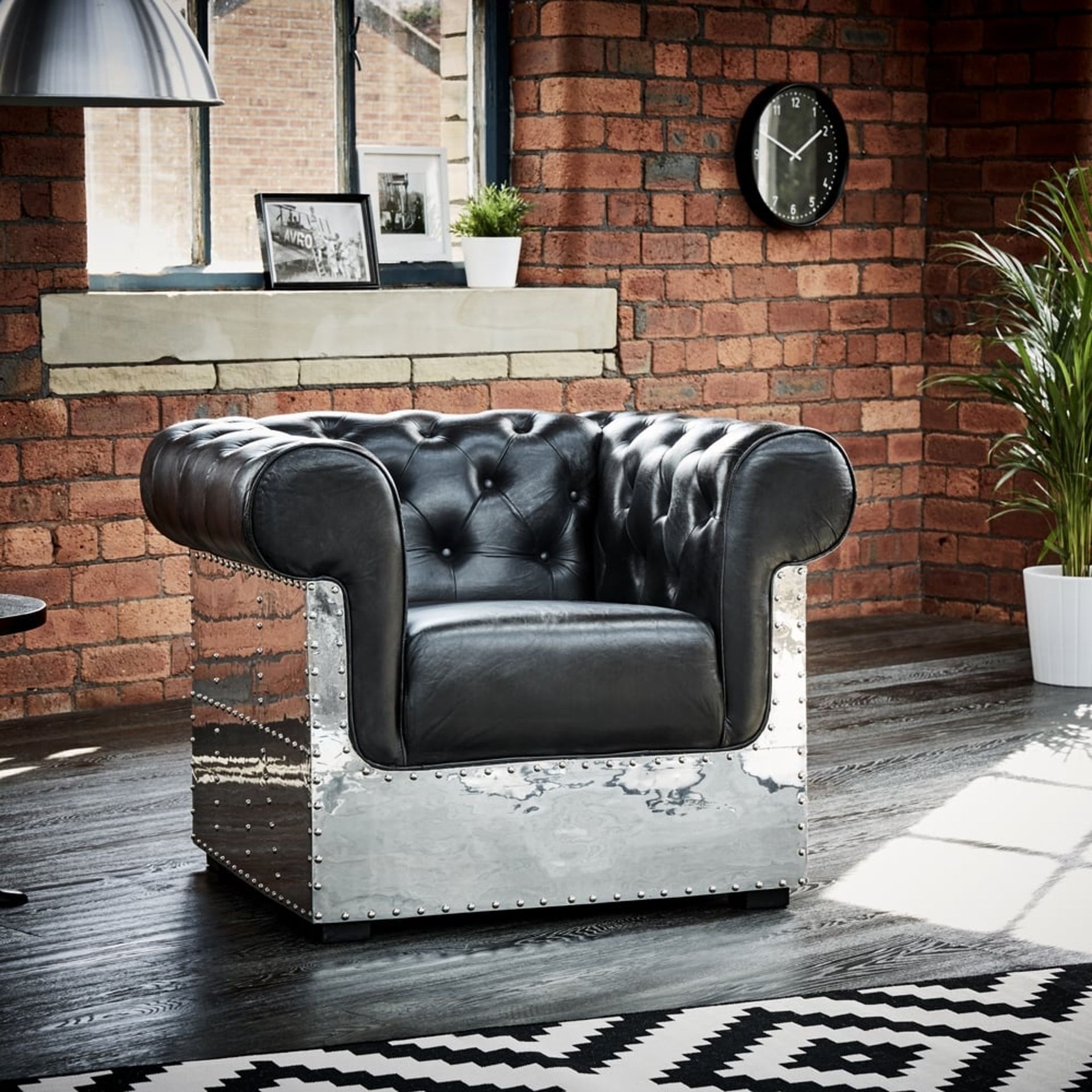 Aviator Leather & Metal Chesterfield Armchair In Black