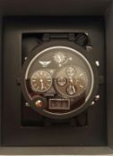 BRAND NEW GENTS DIESEL STYLE QUAD TIME ZONE WATCH, BLACK FACE WITH BLACK STRAP, ORIGINAL BOX AND