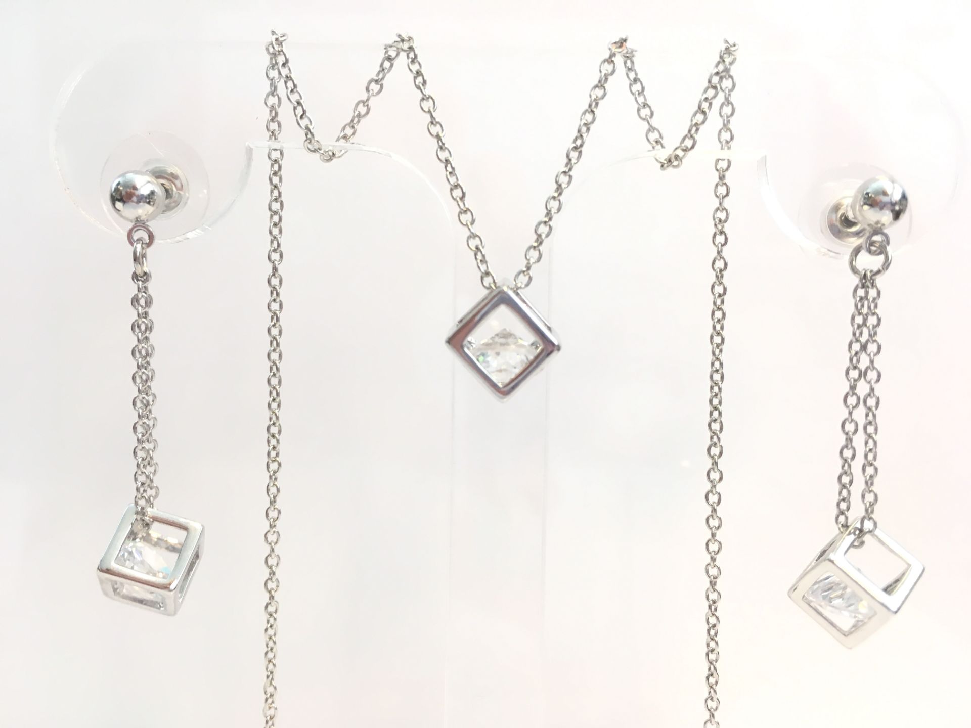 Silver Necklace and Earring set with Swarovski Crystal AND CUBE DETAIL