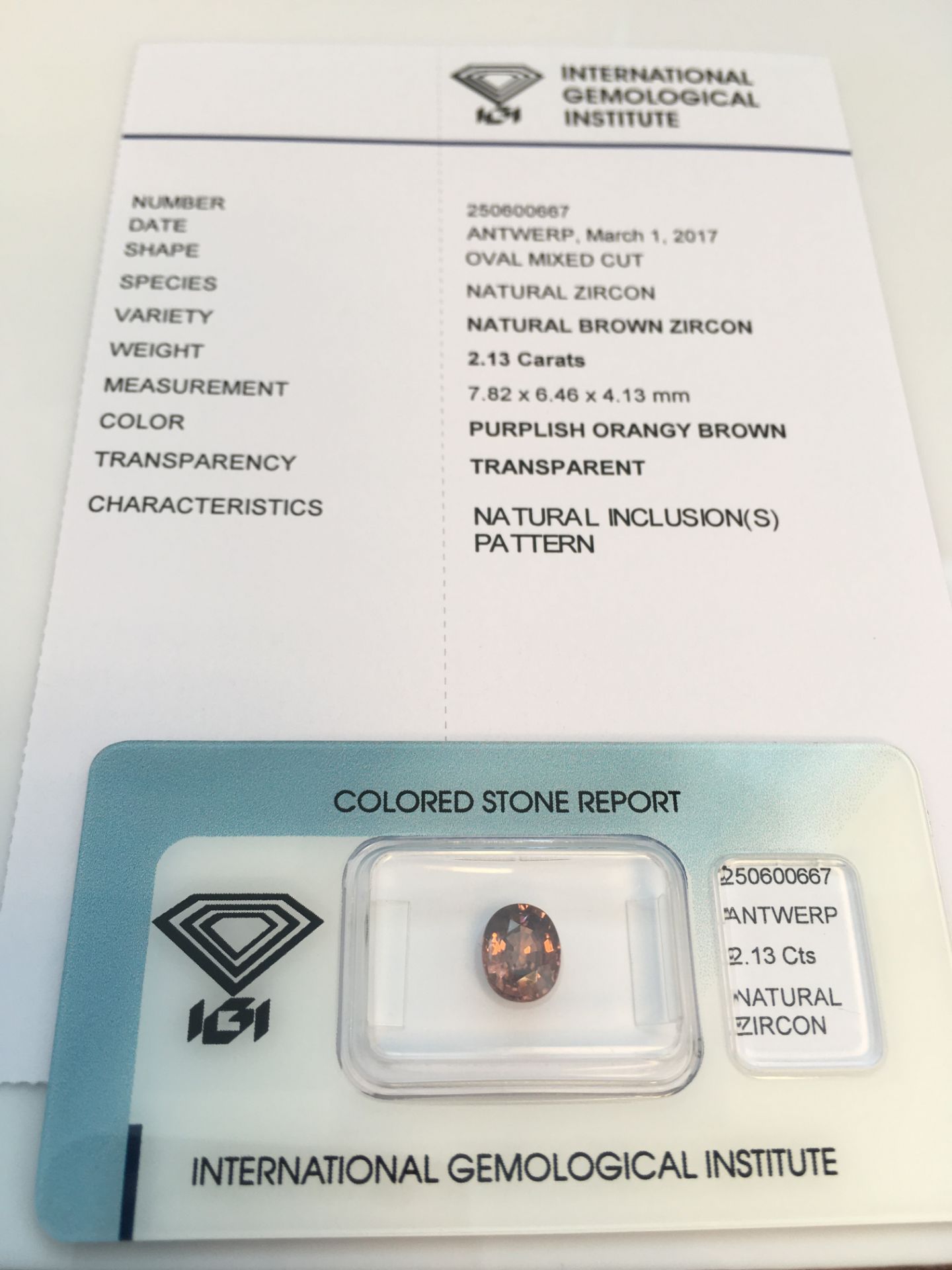 2.13ct Natural Zircon with IGI Certificate - Report No' 250600667. Oval Mixed Cut in Deep Brownish - Image 2 of 4