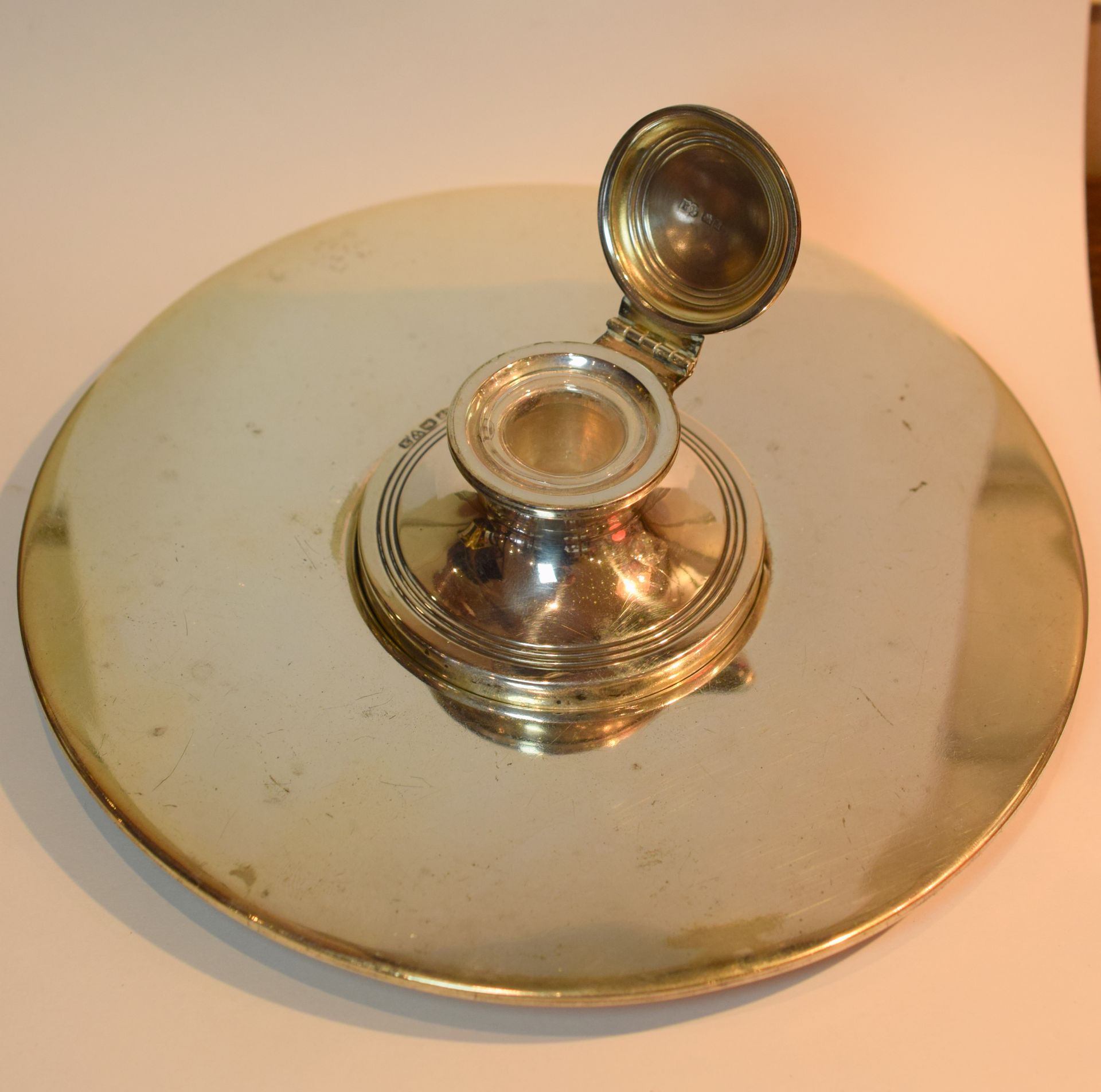 Chester Silver Inkwell With Glass Liner And Silver Plate