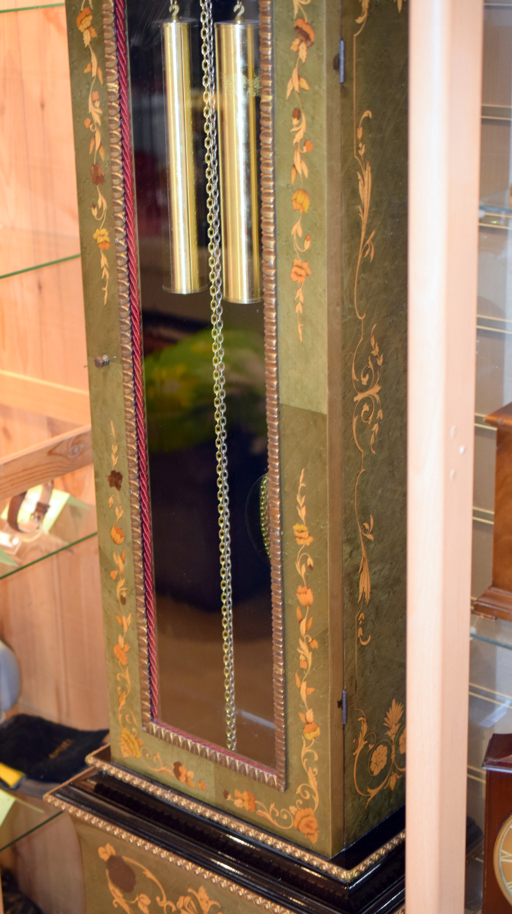 French Inlaid Green Chinoiserie Style Grandfather Clock - Image 5 of 6