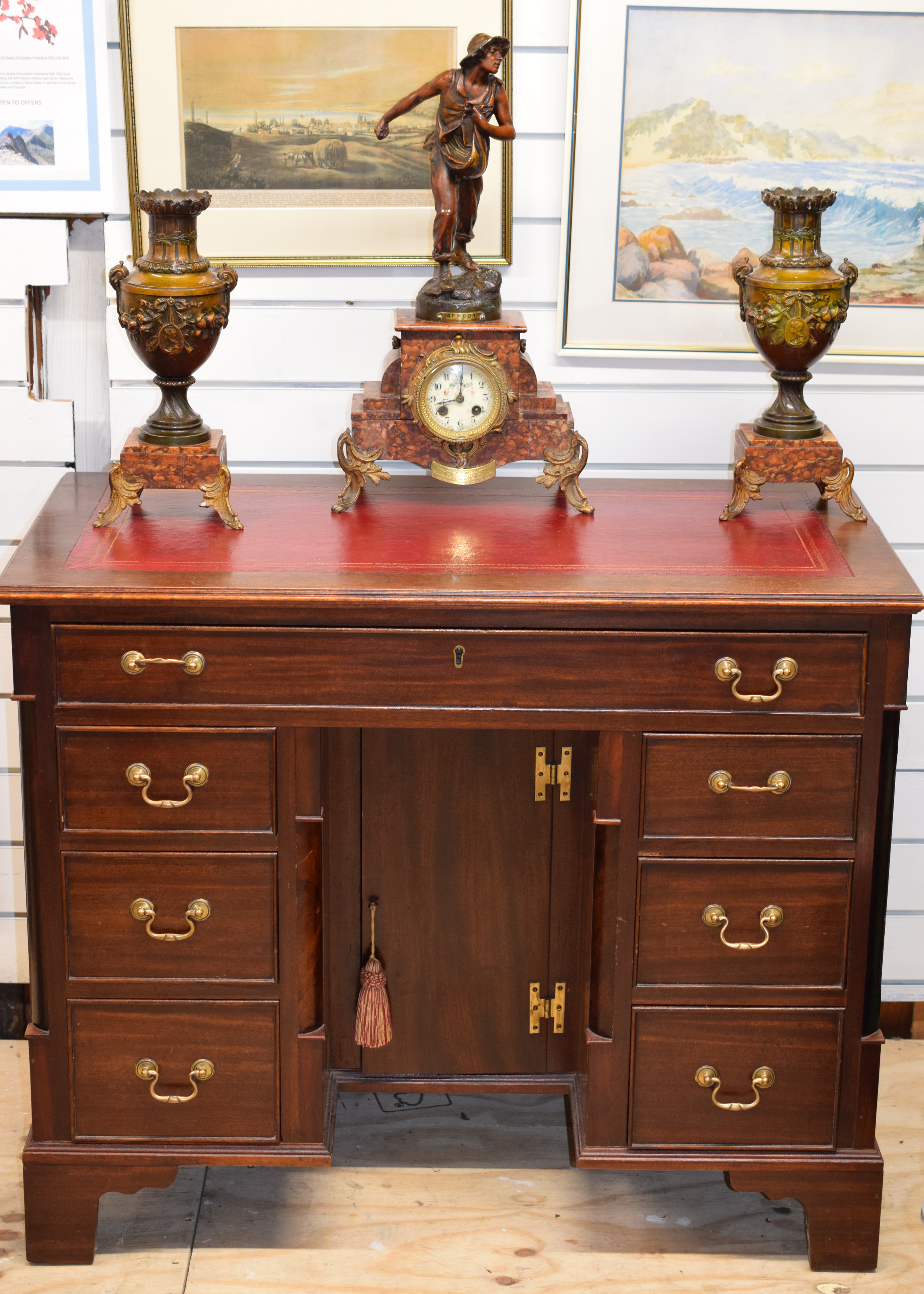 Small Victorian Red Leather Top Mahogany Desk With Locking Cabinet