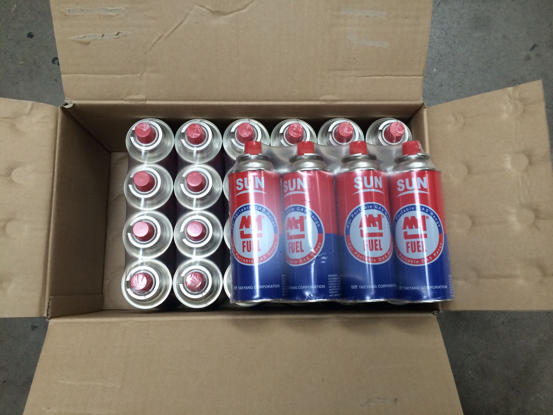 Box of 28 Cans of Butane Gas. BRAND NEW - QTY: 1 Each Canister is 220g - Flammable gas under
